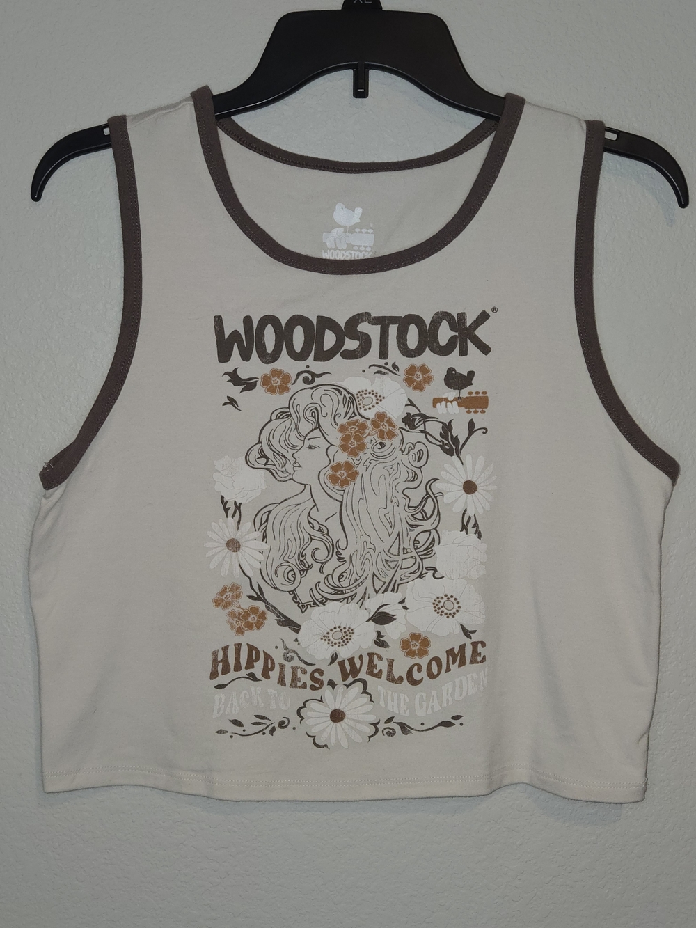 Hybrid Apparel Woodstock Cream Cropped Tank with Brown Trim X L Festival Y2K